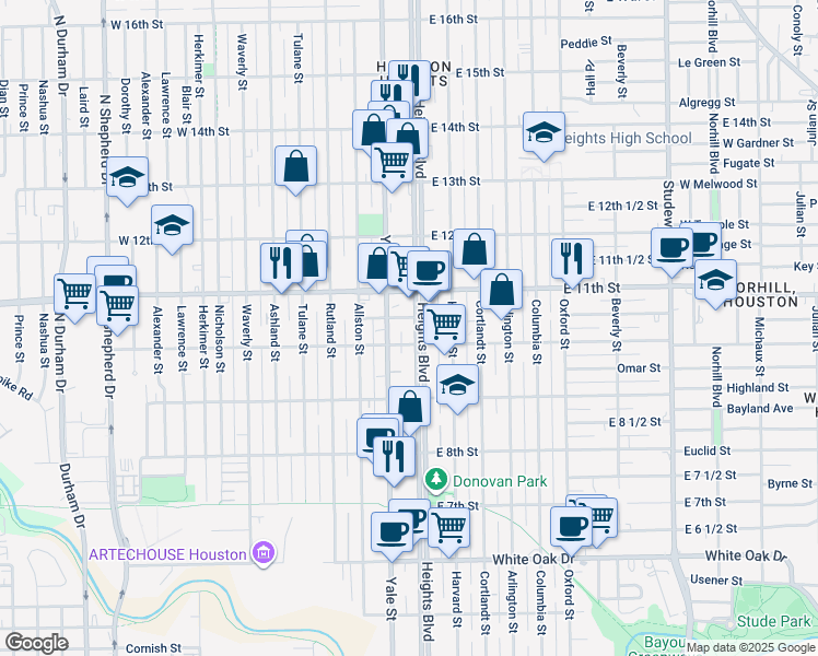 map of restaurants, bars, coffee shops, grocery stores, and more near 1044 Yale Street in Houston
