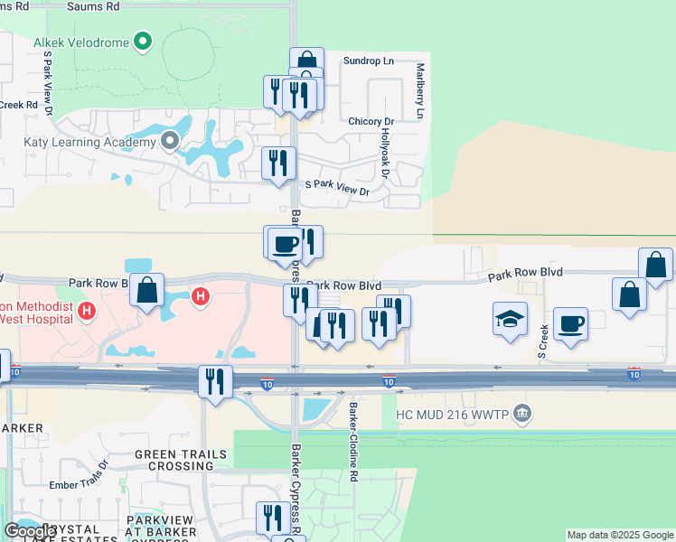 map of restaurants, bars, coffee shops, grocery stores, and more near 17900 Park Row Drive in Houston
