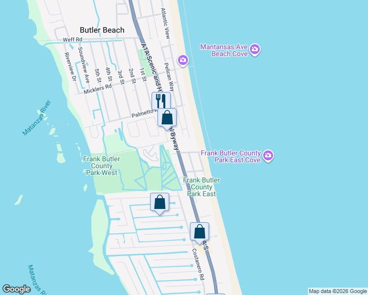 map of restaurants, bars, coffee shops, grocery stores, and more near 5604 Pelican Way in St. Augustine