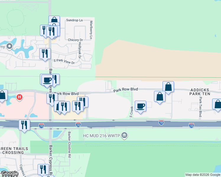map of restaurants, bars, coffee shops, grocery stores, and more near 16930 Park Row in Houston