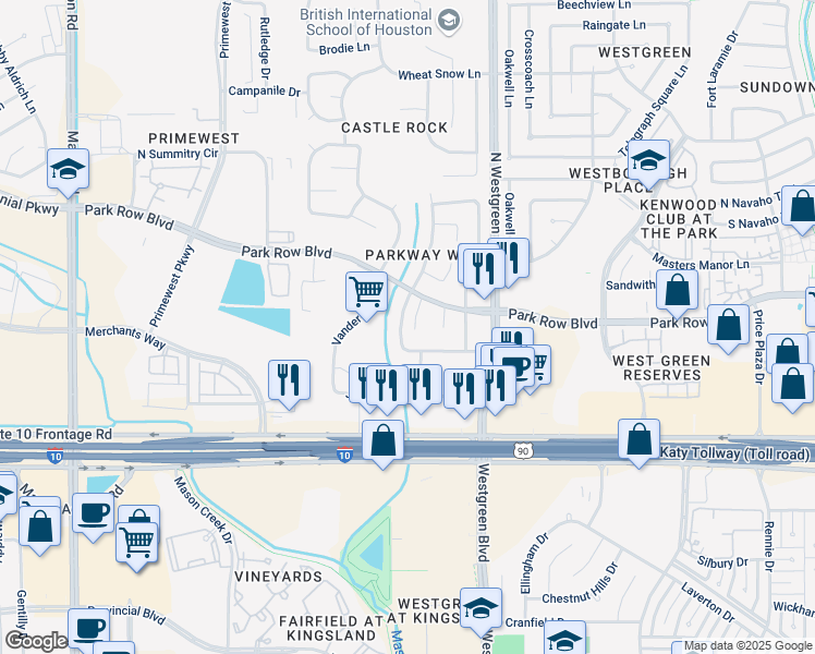 map of restaurants, bars, coffee shops, grocery stores, and more near 1507 Bugle Run Drive in Katy