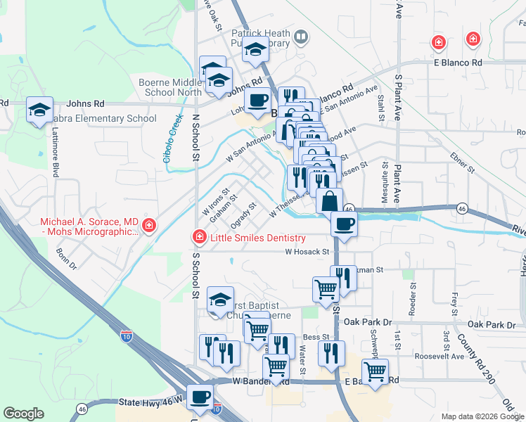 map of restaurants, bars, coffee shops, grocery stores, and more near 420 Herff Street in Boerne