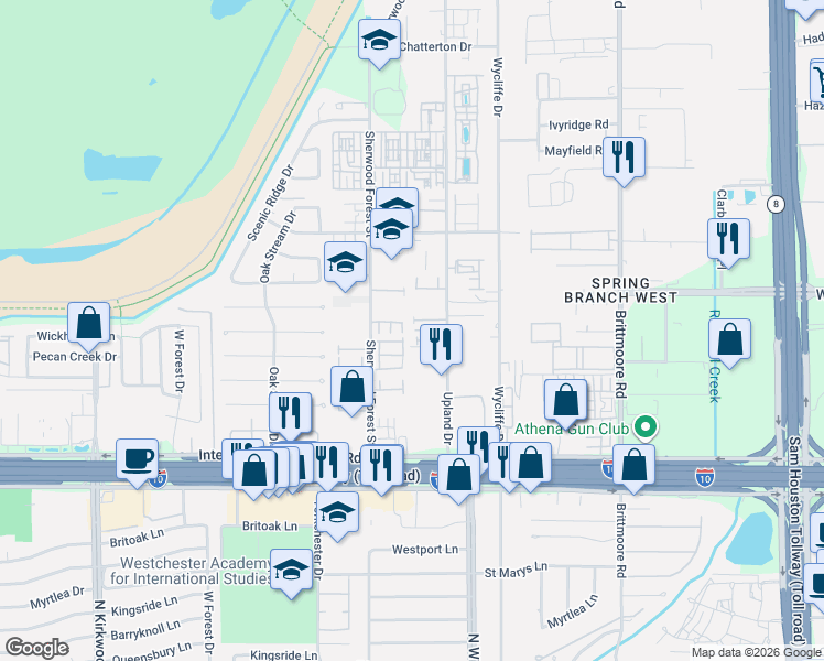 map of restaurants, bars, coffee shops, grocery stores, and more near 11006 Sherwood Ridge Drive in Houston
