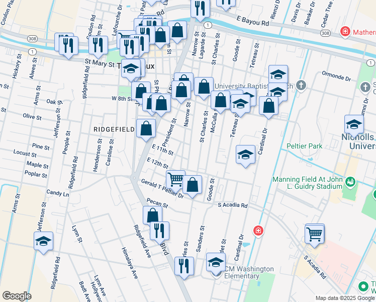 map of restaurants, bars, coffee shops, grocery stores, and more near 1100 Bourbon St in Thibodaux