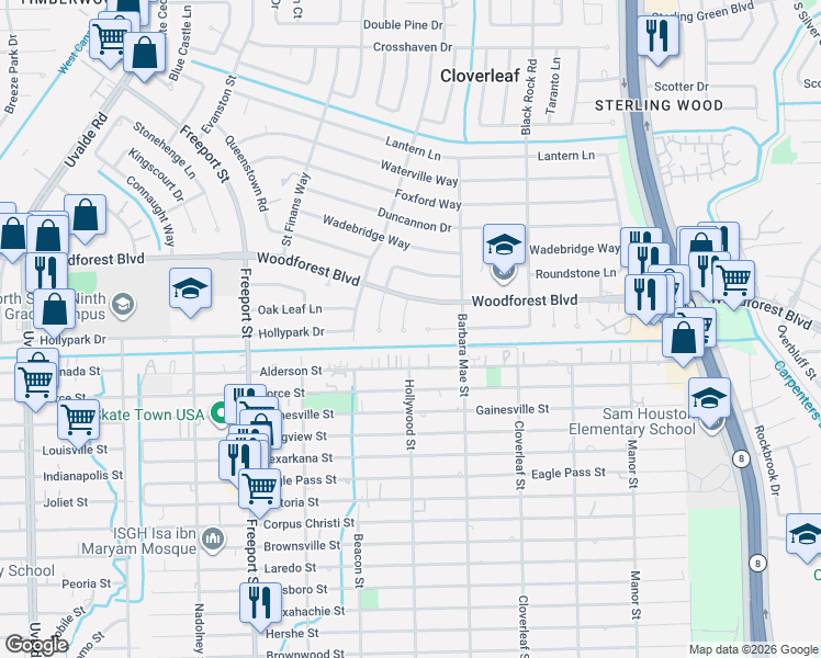 map of restaurants, bars, coffee shops, grocery stores, and more near 435 Castlebar Court in Houston