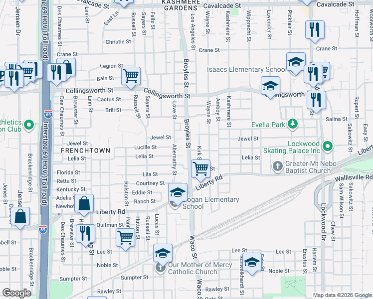 map of restaurants, bars, coffee shops, grocery stores, and more near 4115 Lucille Street in Houston