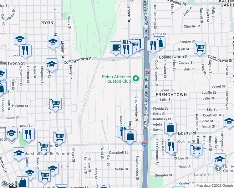 map of restaurants, bars, coffee shops, grocery stores, and more near 2981-3199 Stevens Street in Houston