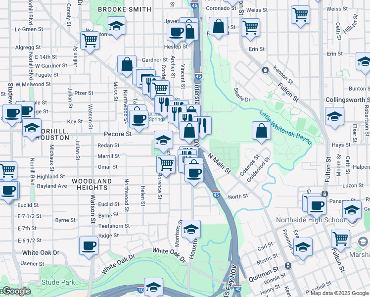 map of restaurants, bars, coffee shops, grocery stores, and more near 203 Redan Street in Houston