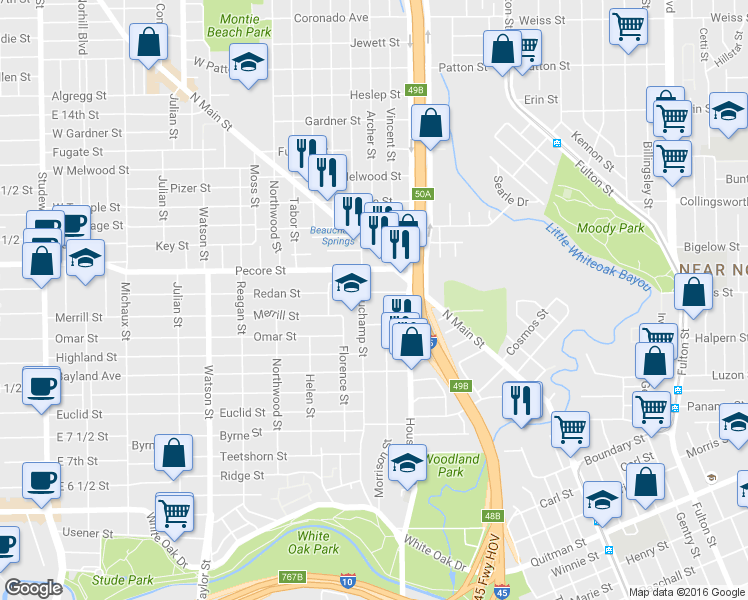 map of restaurants, bars, coffee shops, grocery stores, and more near 203 Redan Street in Houston