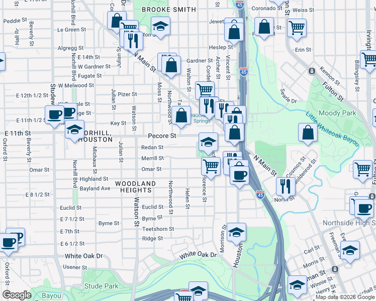 map of restaurants, bars, coffee shops, grocery stores, and more near 409 Redan Street in Houston