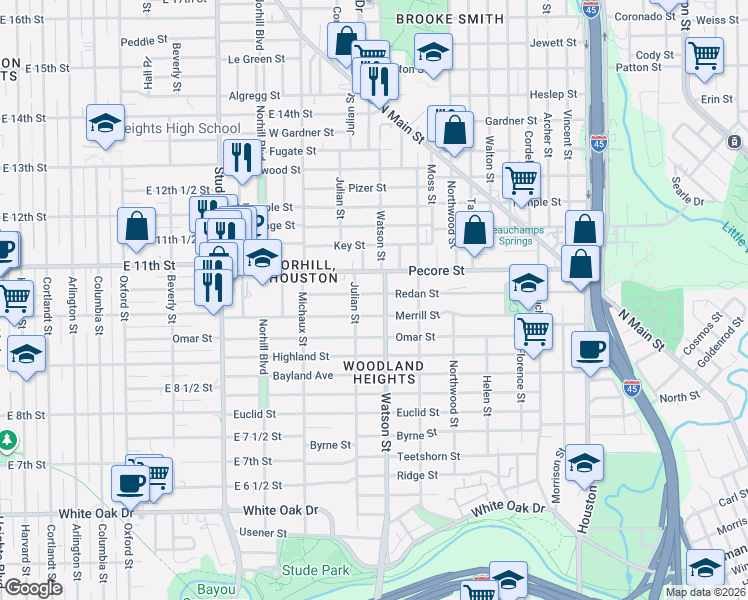 map of restaurants, bars, coffee shops, grocery stores, and more near 819 Redan Street in Houston