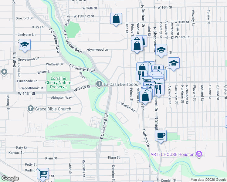 map of restaurants, bars, coffee shops, grocery stores, and more near in Houston
