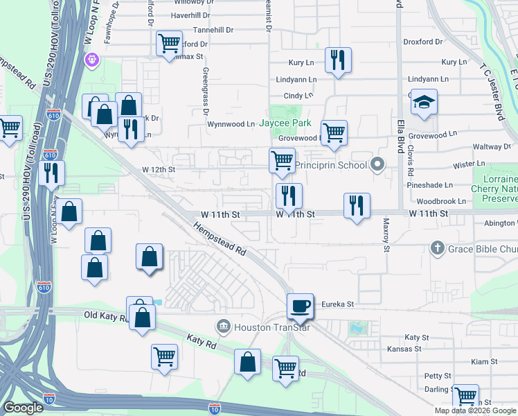map of restaurants, bars, coffee shops, grocery stores, and more near 3506 Harvest Dance Drive in Houston