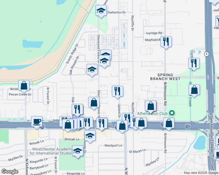map of restaurants, bars, coffee shops, grocery stores, and more near 11006 Sherwood Ridge Drive in Houston