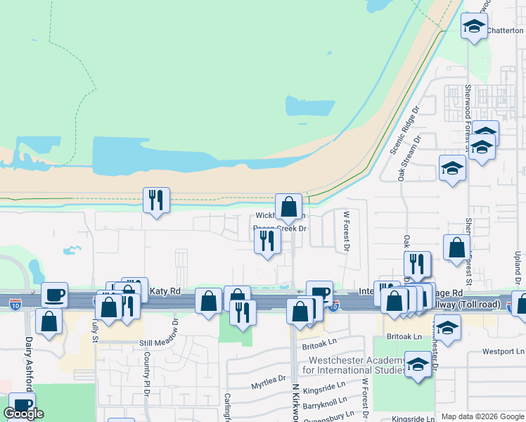 map of restaurants, bars, coffee shops, grocery stores, and more near 11738 Wickhollow Lane in Houston