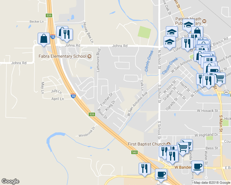 map of restaurants, bars, coffee shops, grocery stores, and more near Windsor Drive in Boerne