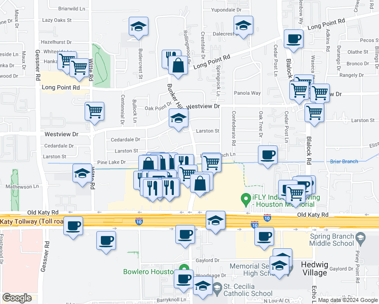 map of restaurants, bars, coffee shops, grocery stores, and more near 9757 Pine Lake Drive in Houston