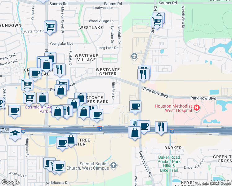 map of restaurants, bars, coffee shops, grocery stores, and more near 19321 Park Row in Houston