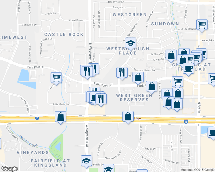 map of restaurants, bars, coffee shops, grocery stores, and more near 20225 Park Row Drive in Katy
