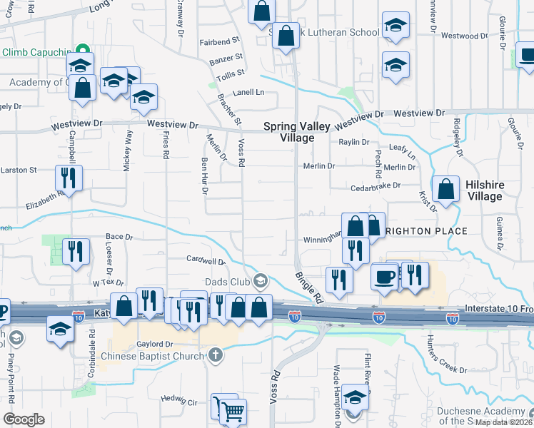 map of restaurants, bars, coffee shops, grocery stores, and more near 8705 Cedarspur Drive in Houston