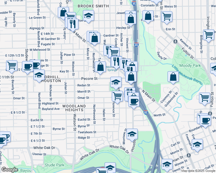 map of restaurants, bars, coffee shops, grocery stores, and more near 409 Redan Street in Houston