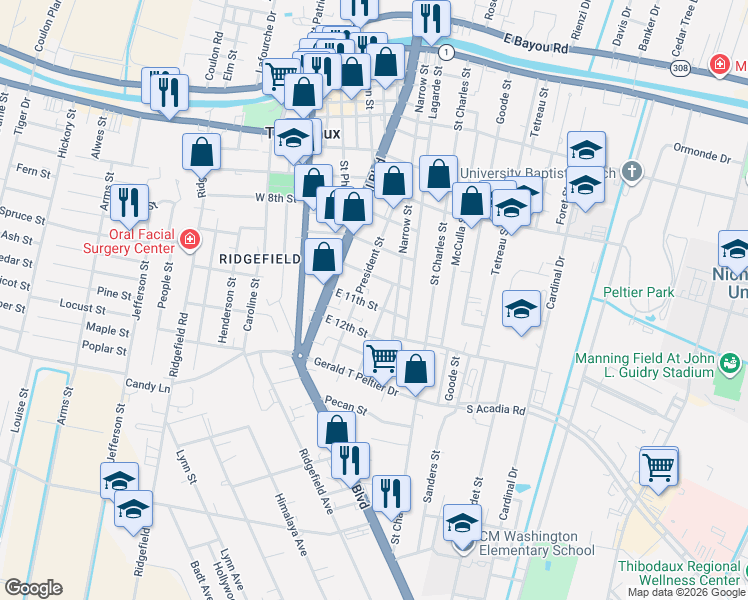 map of restaurants, bars, coffee shops, grocery stores, and more near 1012 President Street in Thibodaux