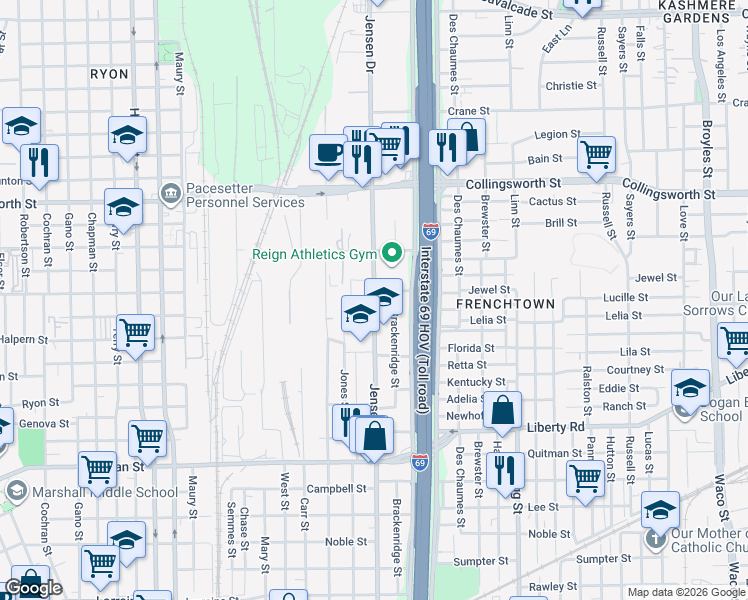 map of restaurants, bars, coffee shops, grocery stores, and more near 3103 Brackenridge Street in Houston