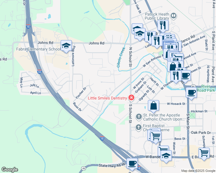 map of restaurants, bars, coffee shops, grocery stores, and more near 113 Emery Lane in Boerne