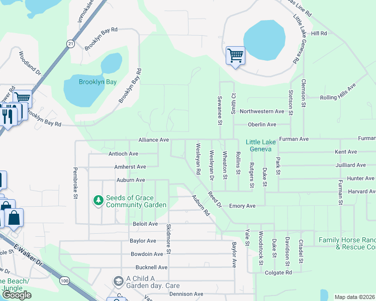 map of restaurants, bars, coffee shops, grocery stores, and more near 7142 Wesleyan Road in Keystone Heights