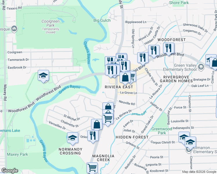 map of restaurants, bars, coffee shops, grocery stores, and more near 550 Normandy Street in Houston