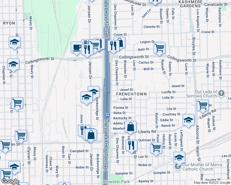 map of restaurants, bars, coffee shops, grocery stores, and more near 2905 Des Chaumes Street in Houston