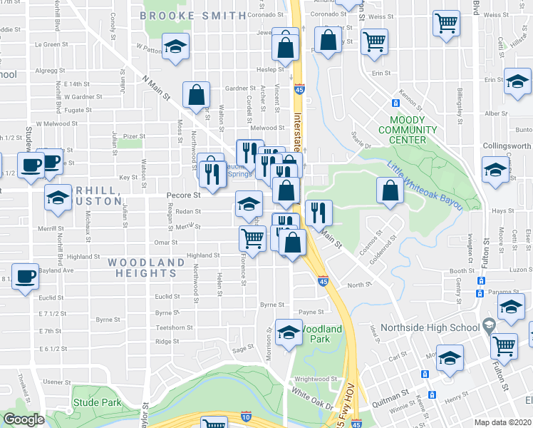 map of restaurants, bars, coffee shops, grocery stores, and more near 203 Redan Street in Houston