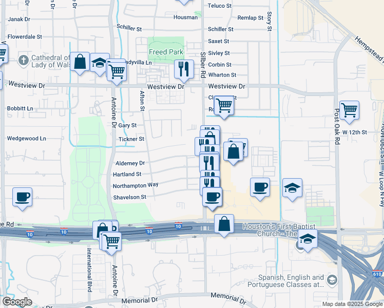 map of restaurants, bars, coffee shops, grocery stores, and more near 1122 Coldstream Road in Houston
