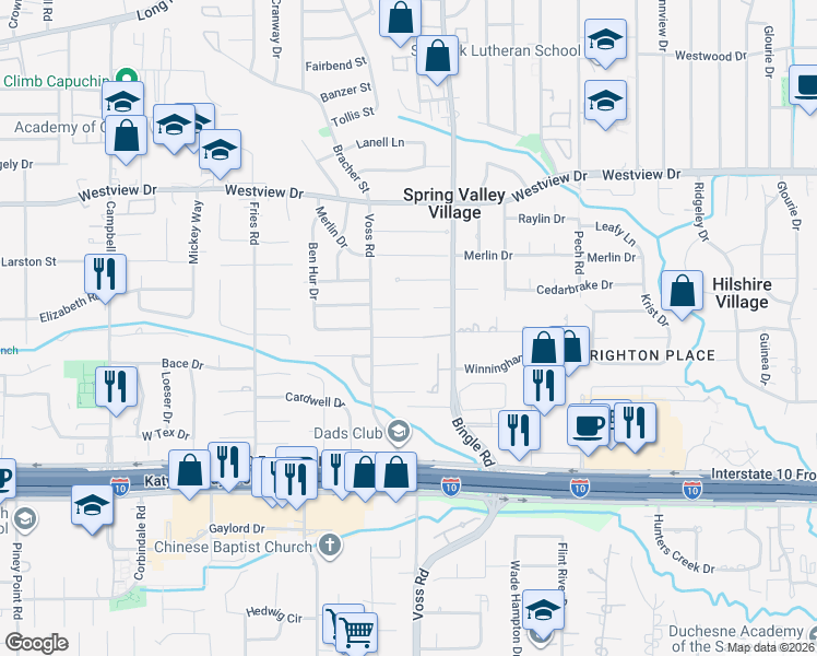 map of restaurants, bars, coffee shops, grocery stores, and more near 8705 Cedarspur Drive in Houston