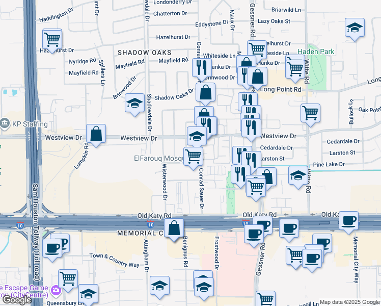map of restaurants, bars, coffee shops, grocery stores, and more near 1209 Conrad Sauer Drive in Houston