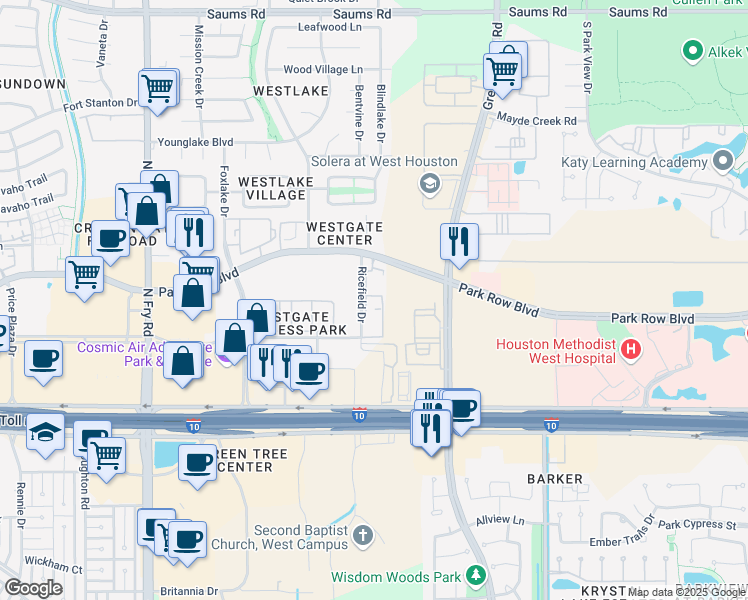 map of restaurants, bars, coffee shops, grocery stores, and more near 19321 Park Row in Houston