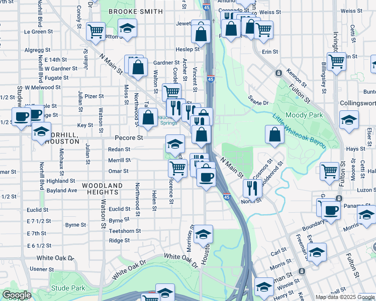 map of restaurants, bars, coffee shops, grocery stores, and more near 212 Redan Street in Houston