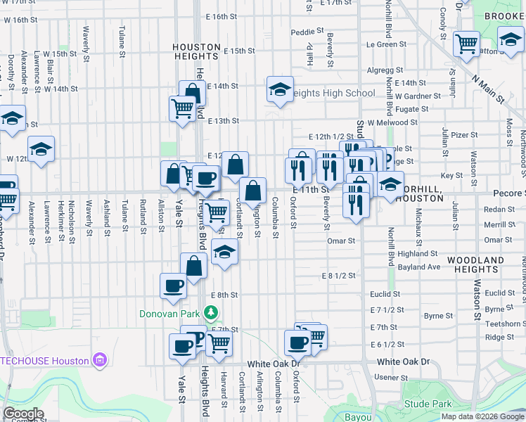 map of restaurants, bars, coffee shops, grocery stores, and more near 1026 Arlington Street in Houston