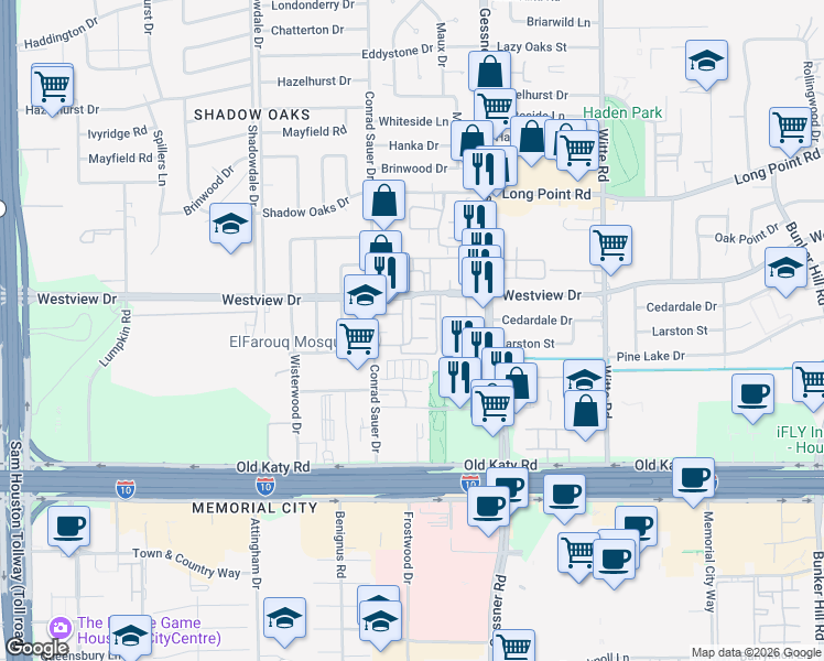 map of restaurants, bars, coffee shops, grocery stores, and more near 10157 Westview Drive in Houston