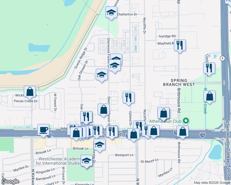 map of restaurants, bars, coffee shops, grocery stores, and more near 11006 Sherwood Ridge Drive in Houston