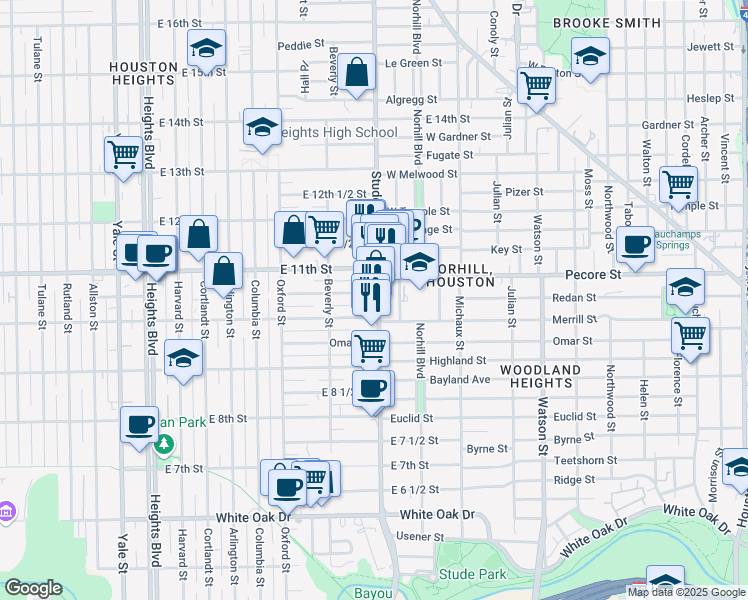 map of restaurants, bars, coffee shops, grocery stores, and more near 743 East 10 1/2 Street in Houston