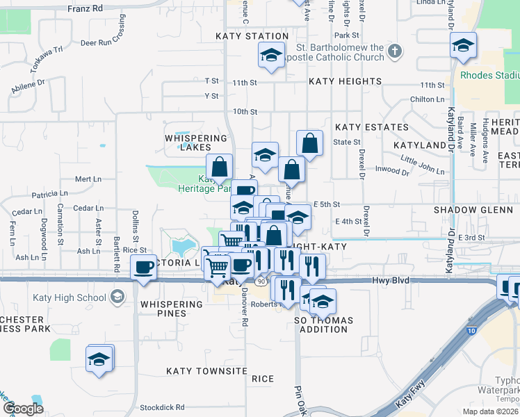 map of restaurants, bars, coffee shops, grocery stores, and more near 5718 5th Street in Katy