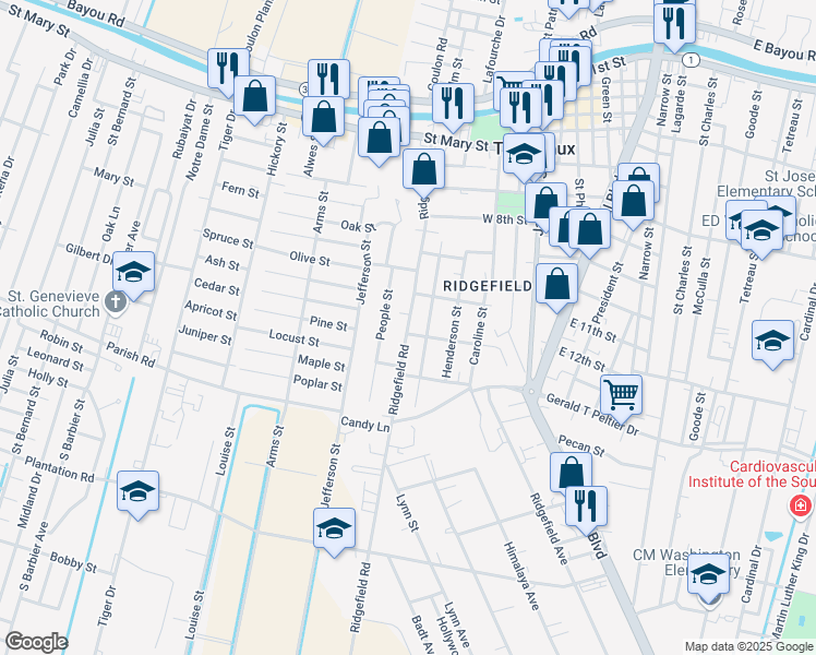 map of restaurants, bars, coffee shops, grocery stores, and more near 1016 Ridgefield Road in Thibodaux