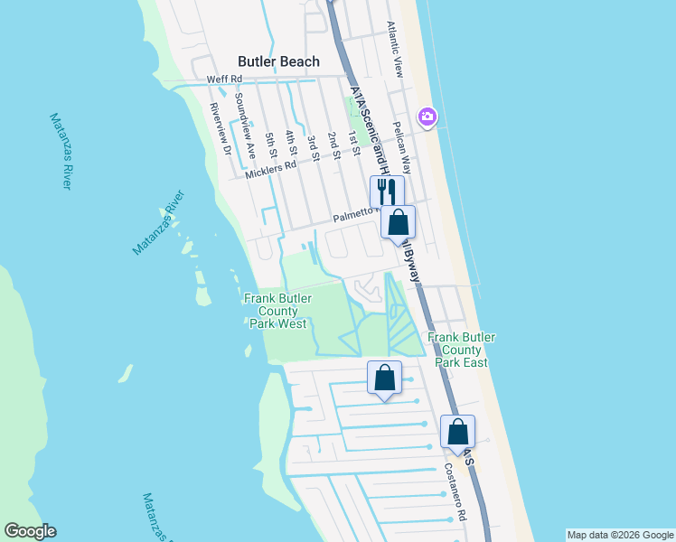 map of restaurants, bars, coffee shops, grocery stores, and more near 52 Kon Tiki Circle in St. Augustine