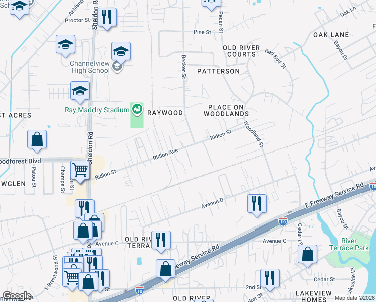 map of restaurants, bars, coffee shops, grocery stores, and more near 16029 Ridlon Avenue in Channelview
