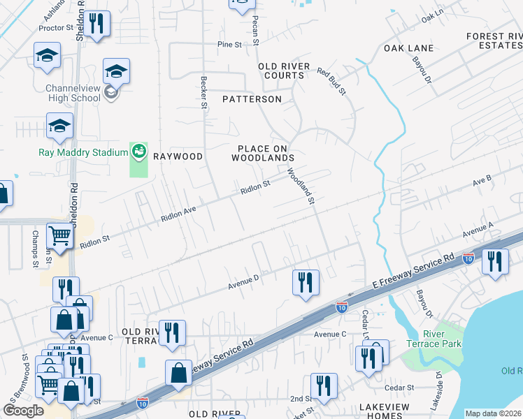 map of restaurants, bars, coffee shops, grocery stores, and more near 16128 Ridlon Street in Channelview