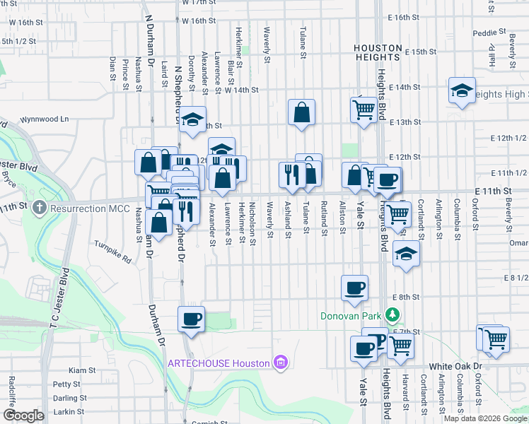 map of restaurants, bars, coffee shops, grocery stores, and more near 1034 Waverly Street in Houston