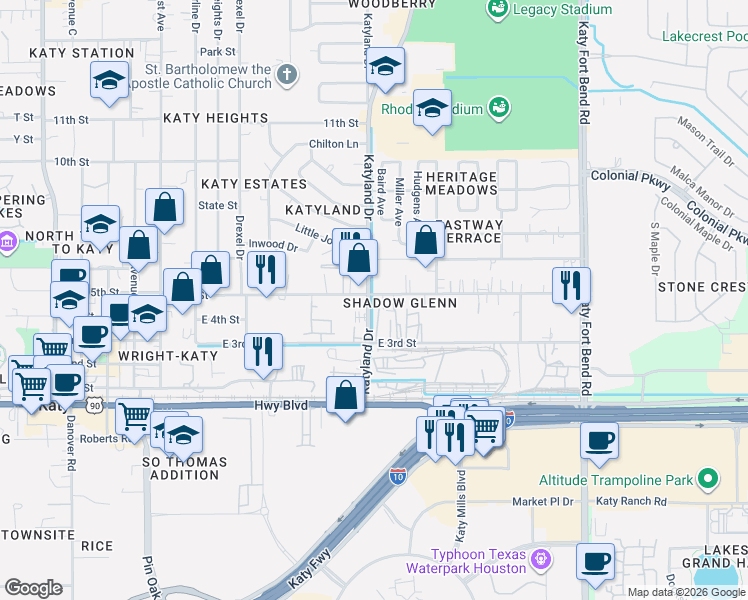 map of restaurants, bars, coffee shops, grocery stores, and more near 5245 East 5th Street in Katy