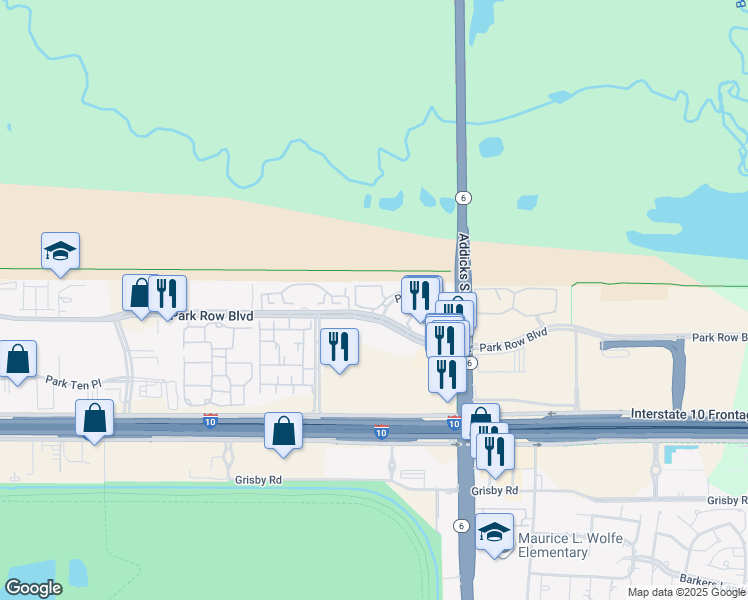 map of restaurants, bars, coffee shops, grocery stores, and more near 15000 Park Row Boulevard in Houston