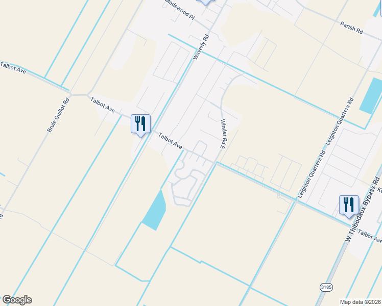 map of restaurants, bars, coffee shops, grocery stores, and more near 108 Erika Drive in Thibodaux